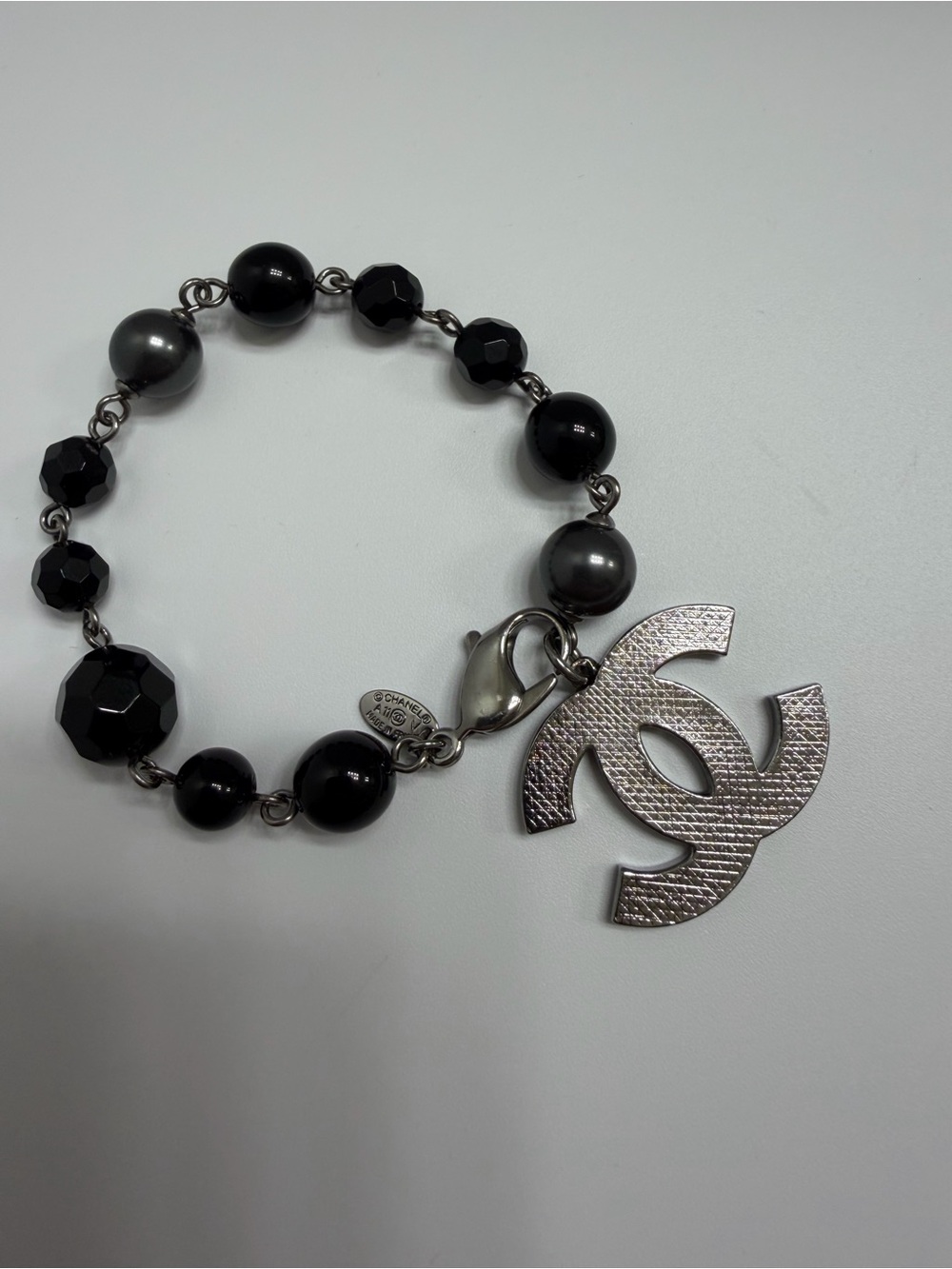 CHANEL Black and Gunmetal Bead CC Charm Bracelet
